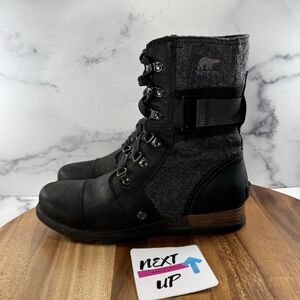 Women's size 8.5-SOREL Major Carly Black Leather & Gray Wool Moto Zip Boots